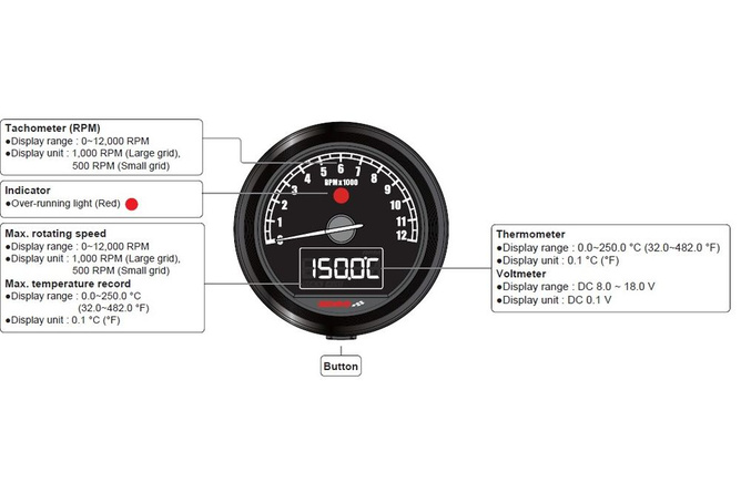 Tachometer Koso D48 TNT-05 up to 12,000 rpm Black