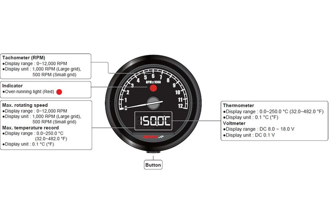 Compte tours Koso D48 TNT-05 jusqu'à 12 000 tr/min Noir