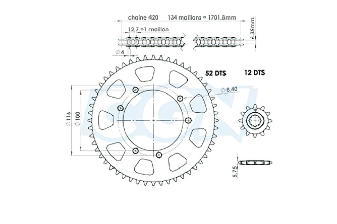 Kit chaîne 12x52 - 420 Peugeot xp6