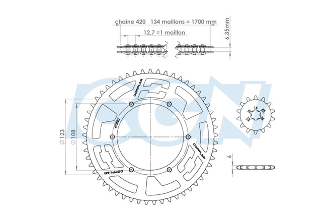 Kit chaîne en alu Rouge 14x53 - 420 Doppler Derbi GPR / Aprilia RS4