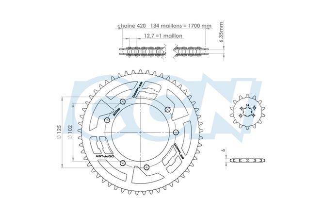 Kit chaîne acier 14x53 - 420 Doppler Origin Derbi Senda DRD