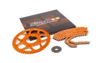 Kit catena 13x53 - 420 Stage6 alluminio CNC arancione Peugeot / Rieju