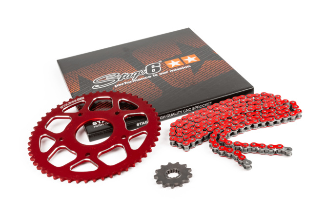 Chain Kit 14x53 - 420 Stage6 aluminium CNC red Peugeot / Rieju