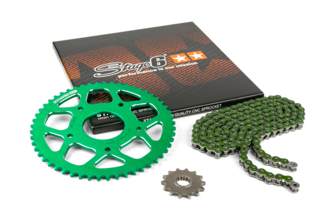 Chain Kit 14x53 - 420 Stage6 aluminium CNC green Peugeot / Rieju