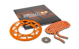Kit catena 14x53 - 420 Stage6 alu CNC arancione Derbi Senda X-treme