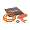 Kit catena 14x53 - 420 Stage6 alu CNC arancione Derbi Senda X-treme