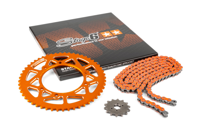 Kit chaîne 13x53 - 420 Stage6 alu CNC Orange Derbi Senda X-treme