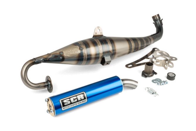 Auspuff SCR Corse Handmade 70 Minarelli liegend blau