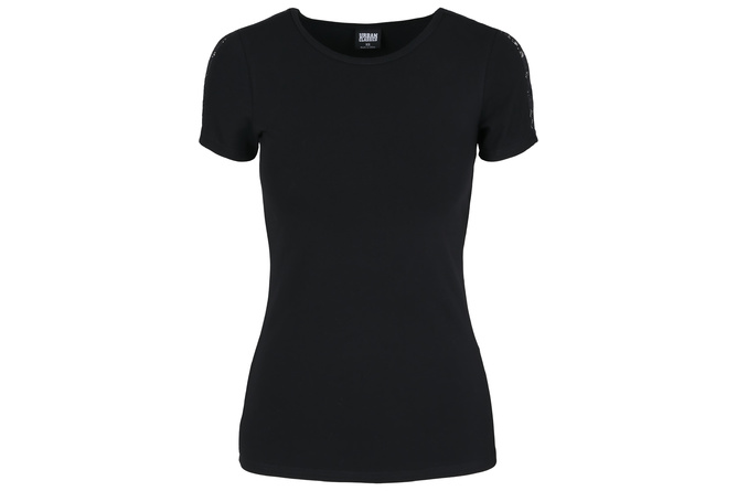 T-Shirt Lace Shoulder Striped Ladies black