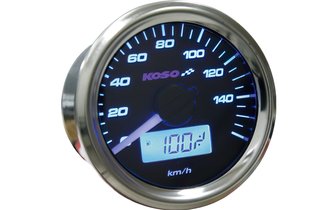 Tachometer, KOSO GP Style 48 mm, rund, analoge Anzeige, LCD Display für Tages- und Gesamt KM, Ziffernblatt schwarz