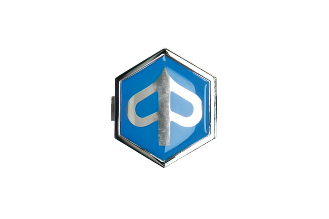 Badge horn cover (clip) Piaggio 32x37mm blue / chrome
